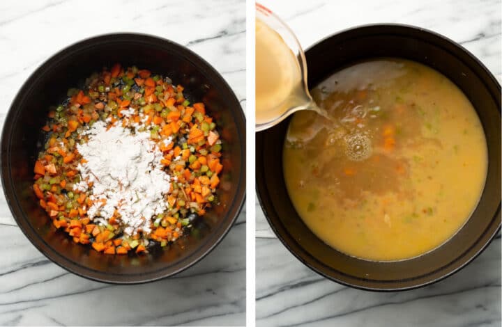 cooking mirepoix, adding flour, and then pouring chicken broth into a soup pot