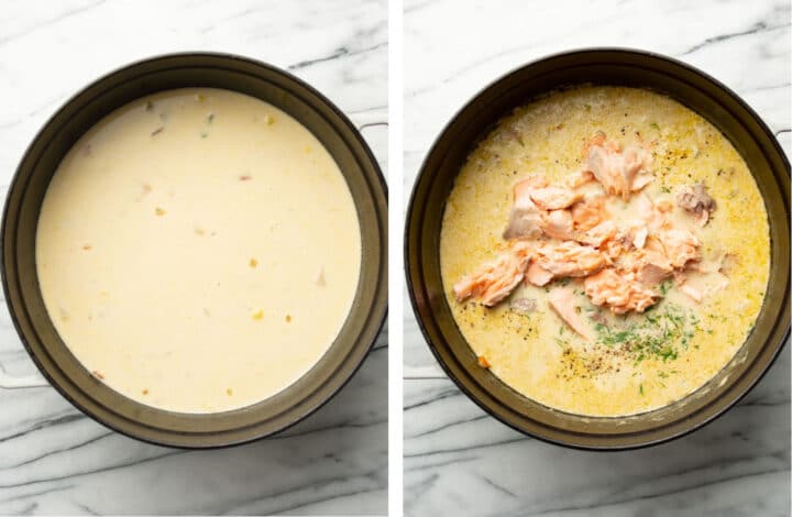 adding salmon and fresh dill to a soup pot with salmon chowder