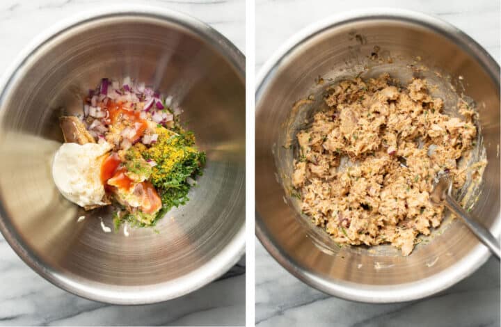 adding ingredients for sardine salad to a prep bowl and mixing