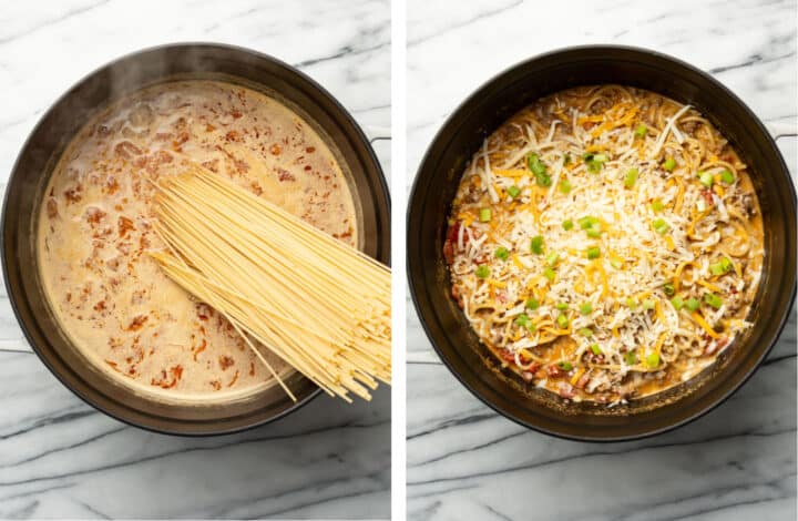 adding spaghetti to a dutch oven for taco spaghetti and topping with cheese