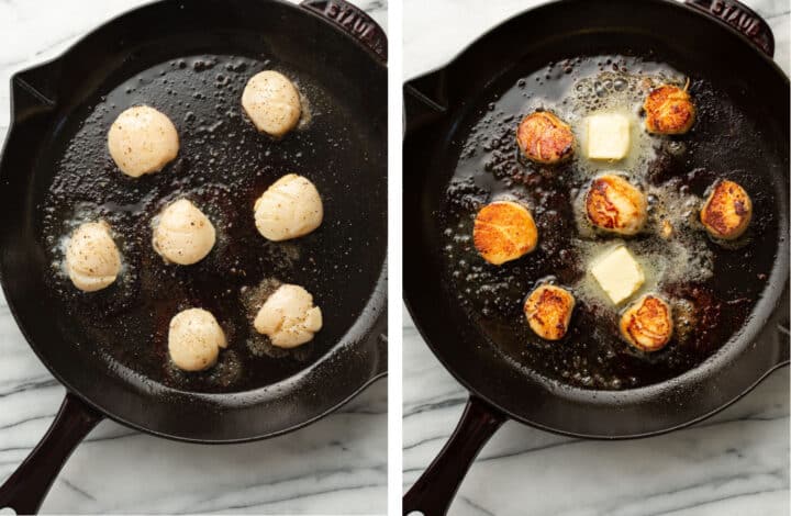 a skillet with scallops before and after cooking