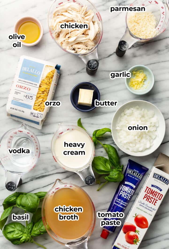 ingredients for orzo alla vodka in prep bowls