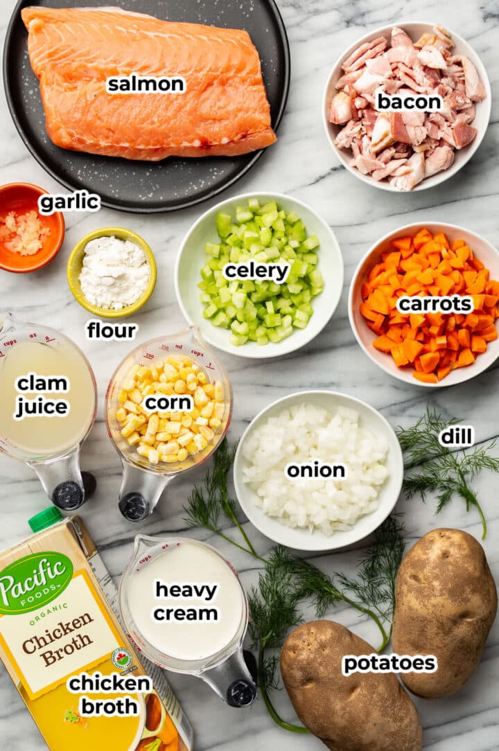 ingredients for salmon chowder in prep bowls
