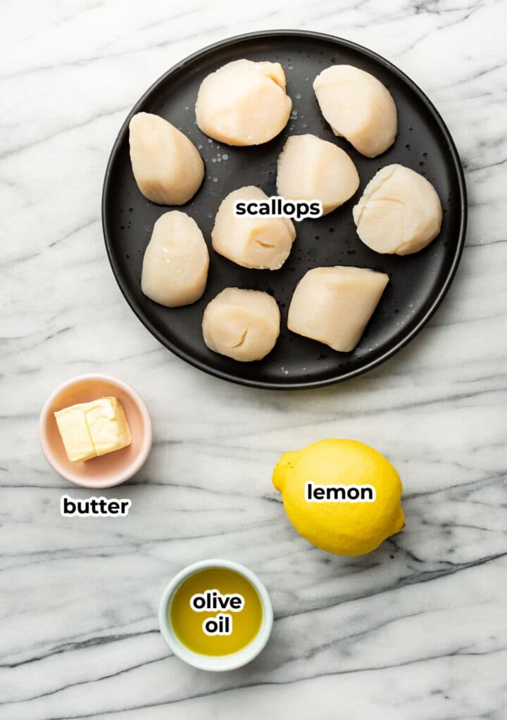 ingredients for seared scallops in prep bowls