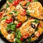 a skillet with mediterranean chicken