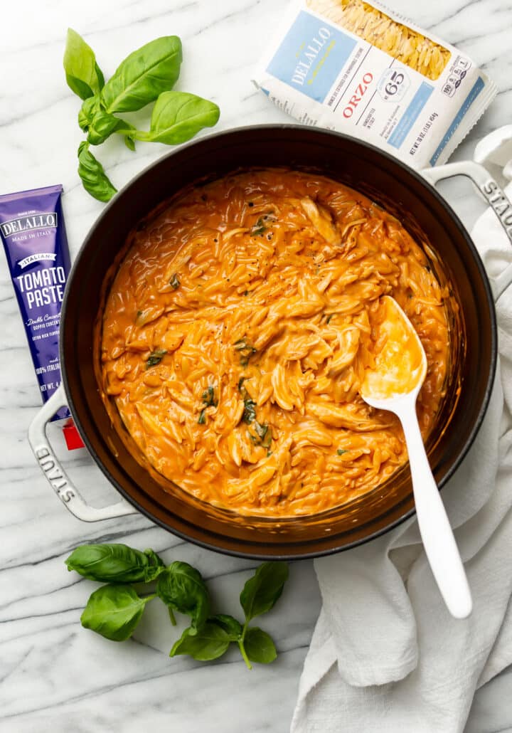 a soup pot with orzo alla vodka and a package of pasta