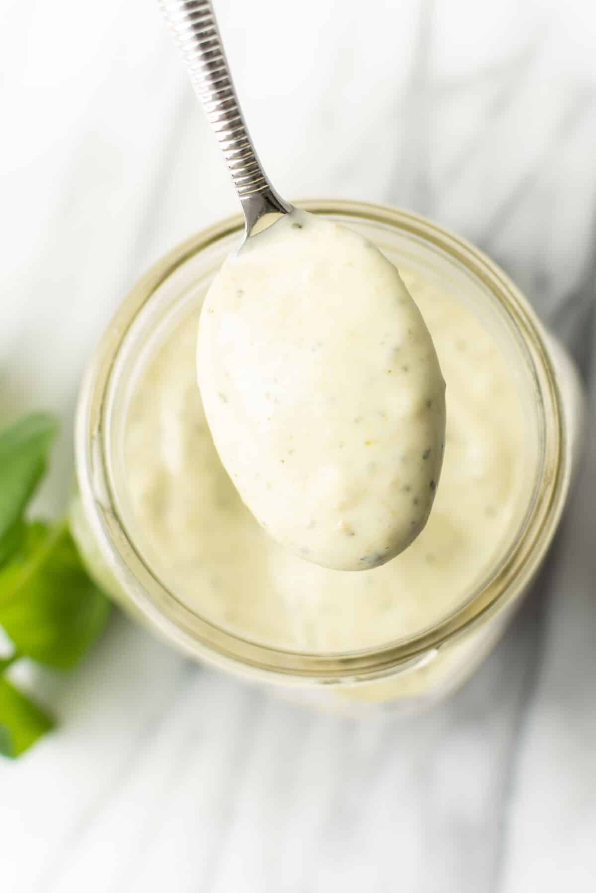 closeup of a spoonful of creamy pesto dressing