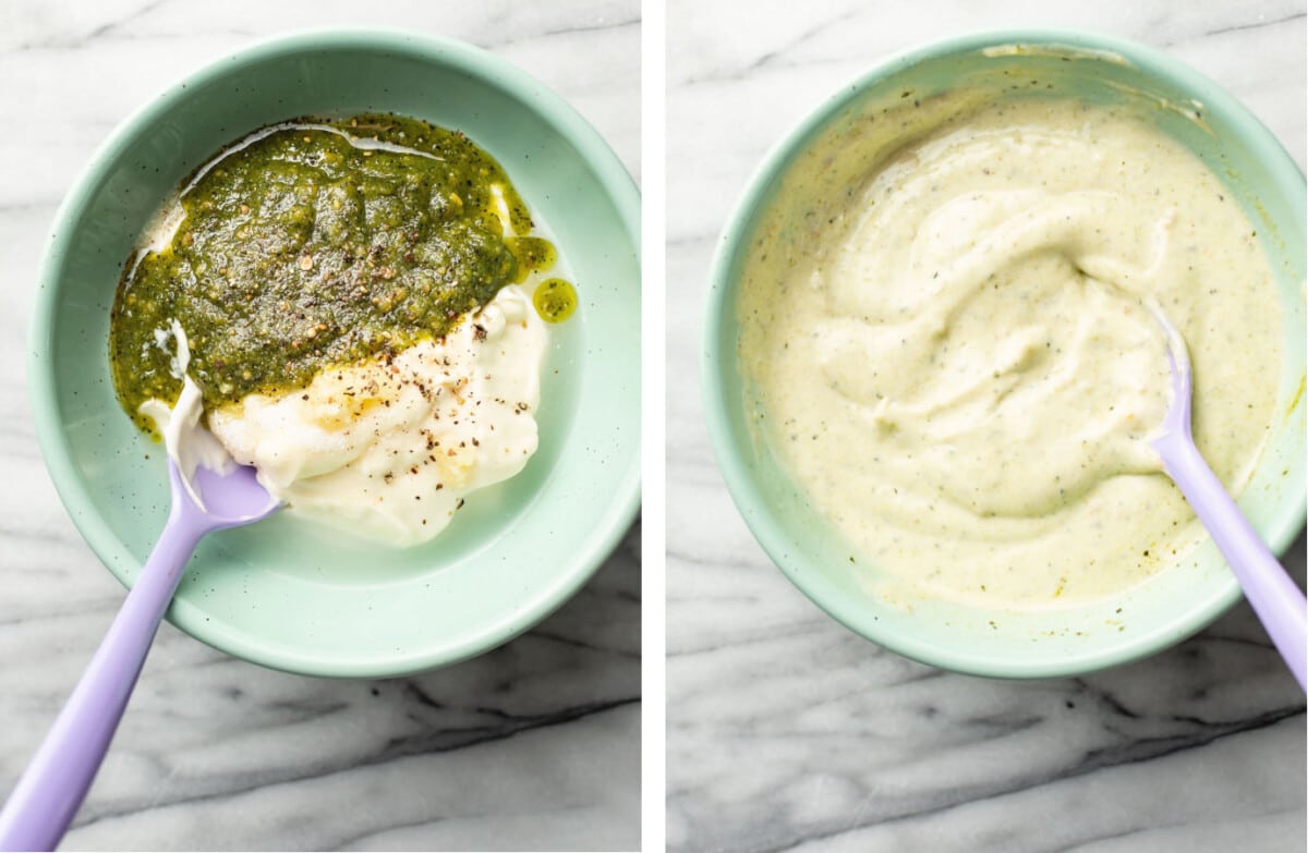 adding ingredients for creamy pesto dressing to a bowl and mixing together with a spoon
