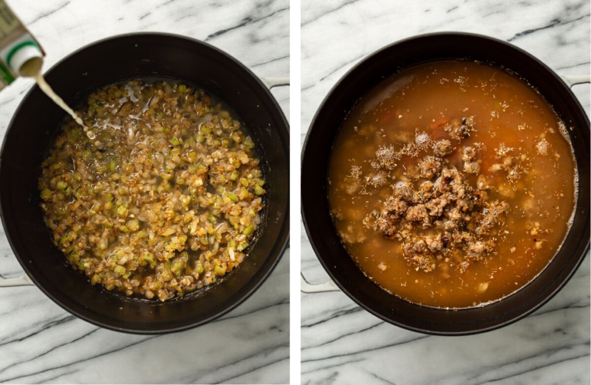 pouring in chicken broth to a pot of soup and adding in italian sausage