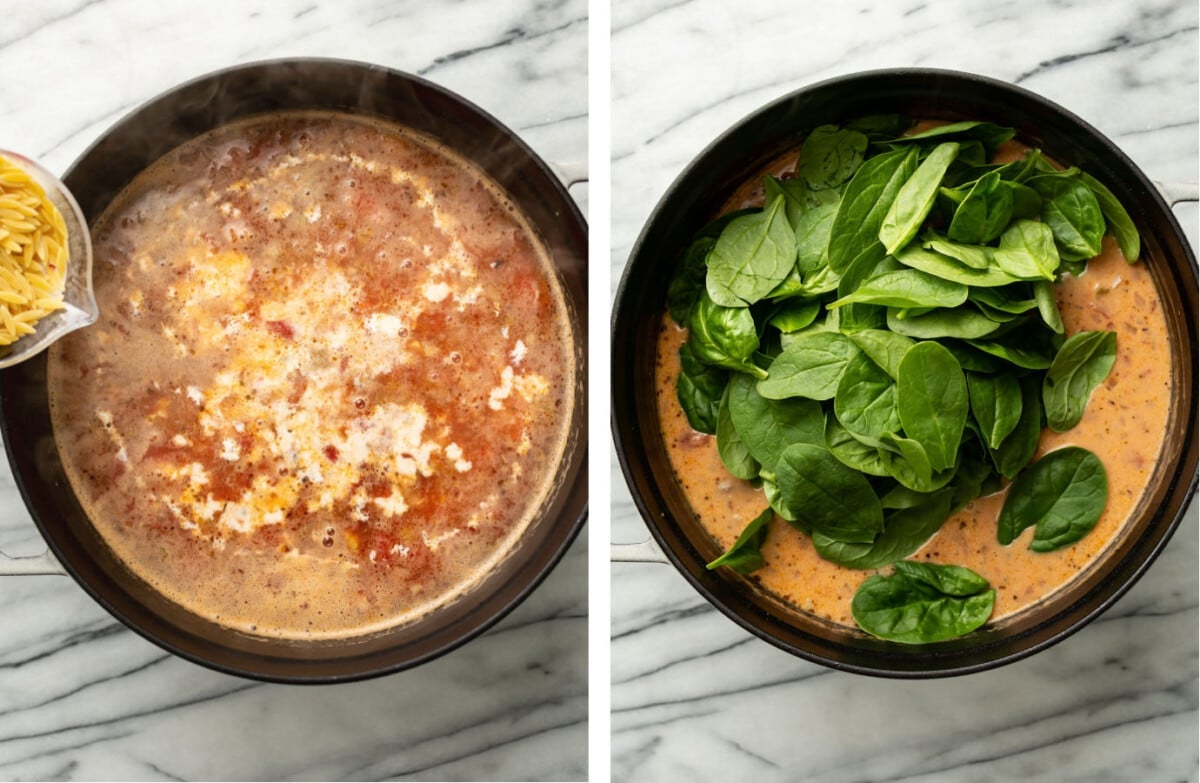 adding in orzo and spinach to a pot of italian sausage soup