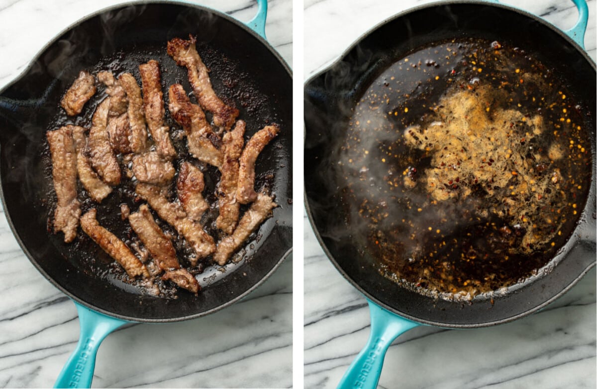 cooking steak in a skillet for mongolian beef and adding sauce