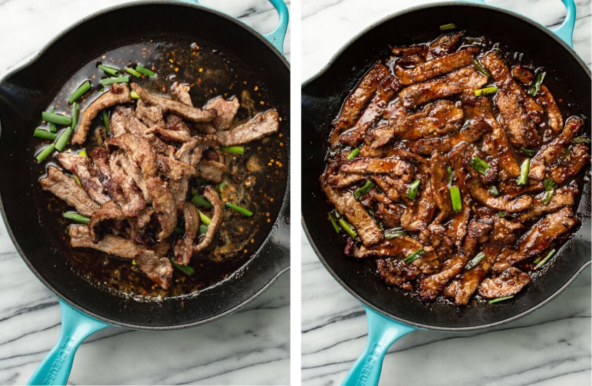 tossing steak in a skillet with scallions and mongolian beef sauce