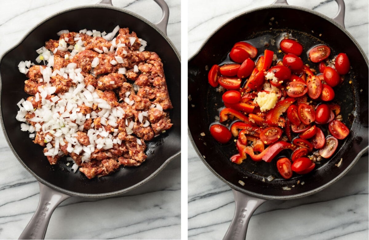 browning sausage and onions in a skillet and then making tomato and white wine sauce