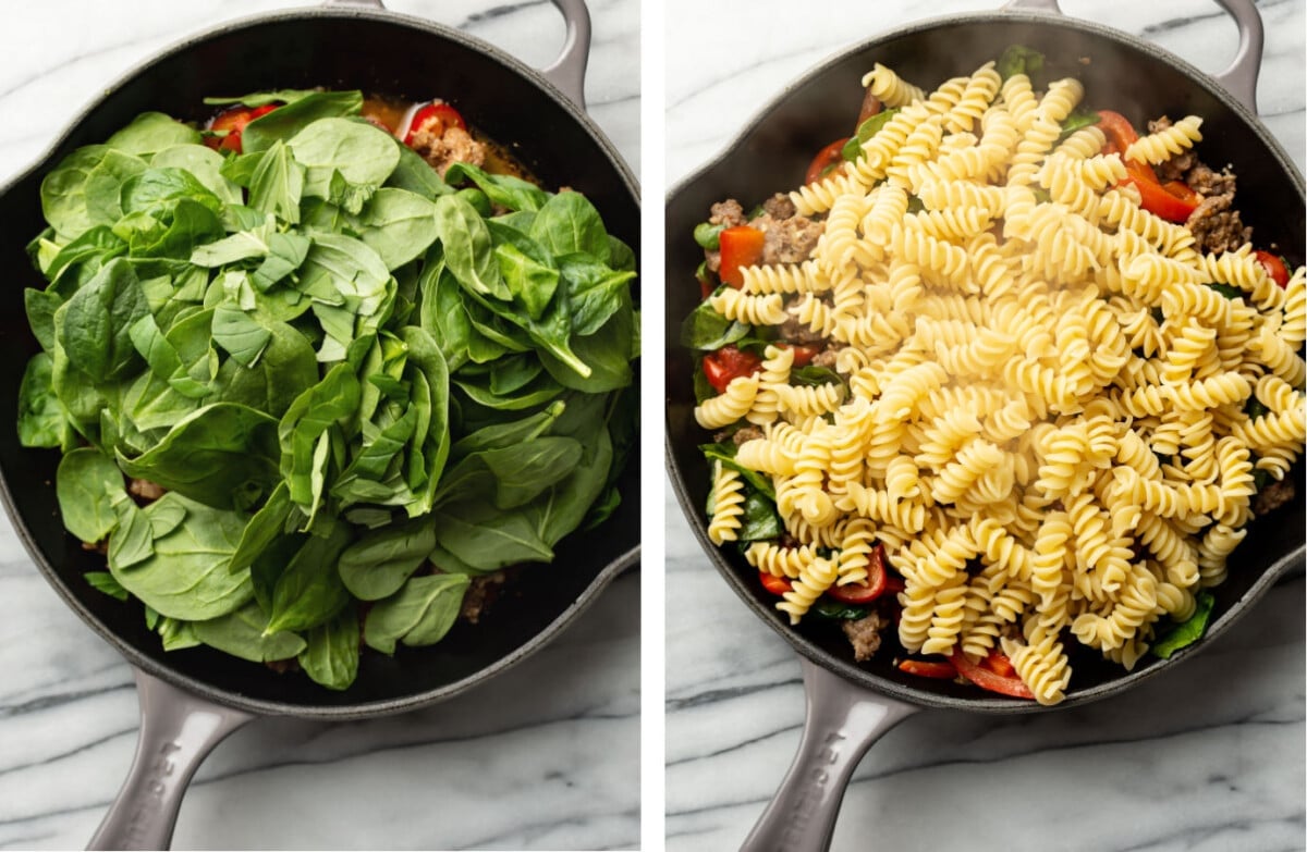 tossing spinach and pasta in a skillet with vegetables and white wine sauce