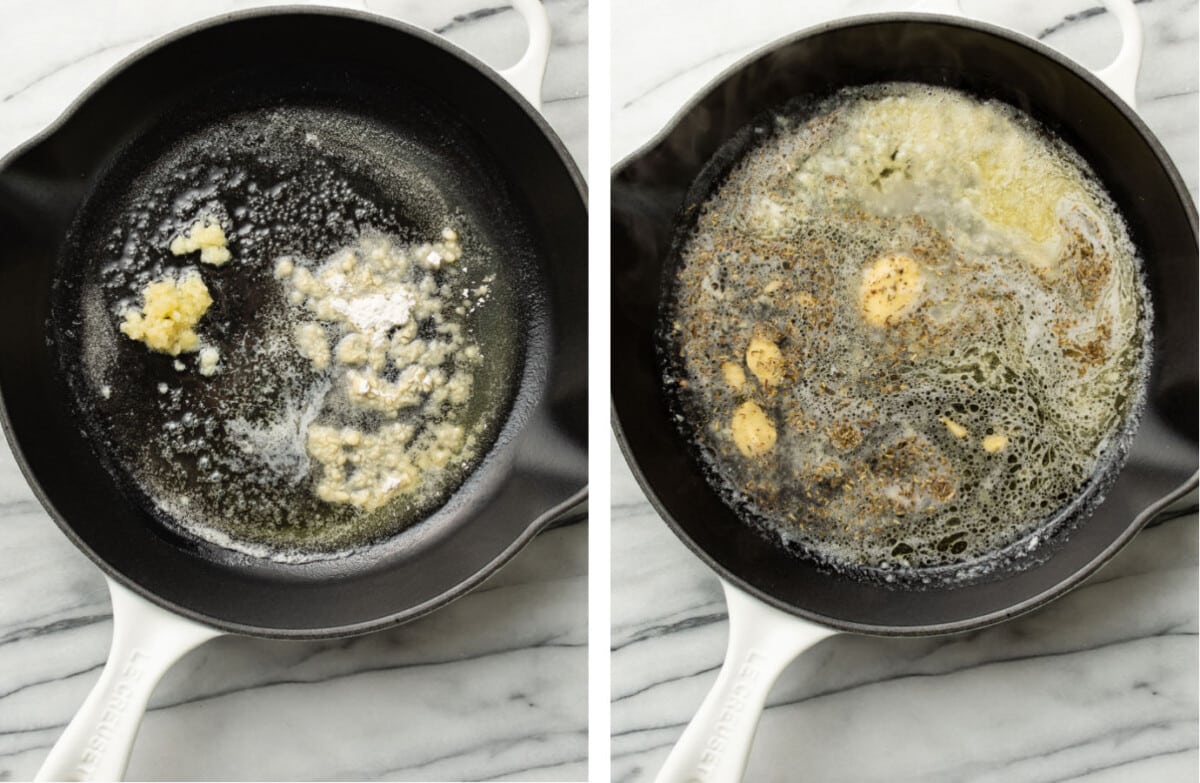 making the base of the sauce in a skillet for sun-dried tomato pasta