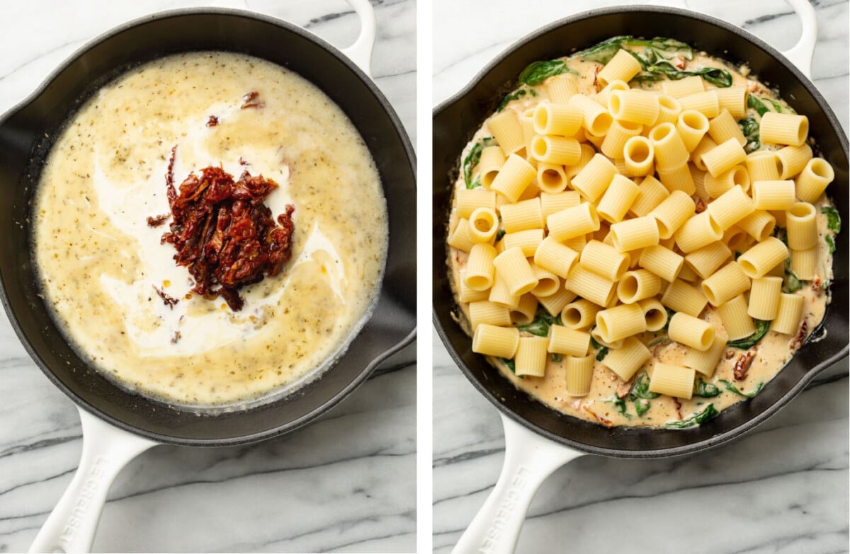 adding in sun dried tomatoes and cream and tossing with pasta in a skillet