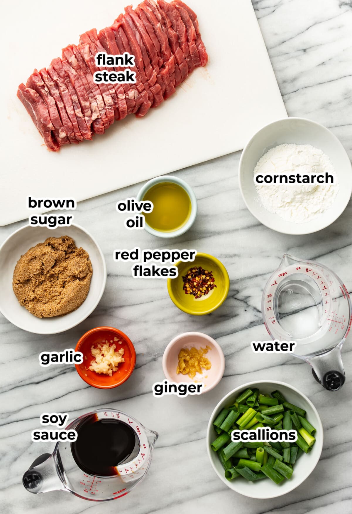 ingredients for mongolian beef in prep bowls