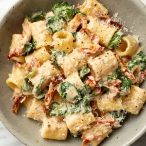 a bowl of sun-dried tomato pasta