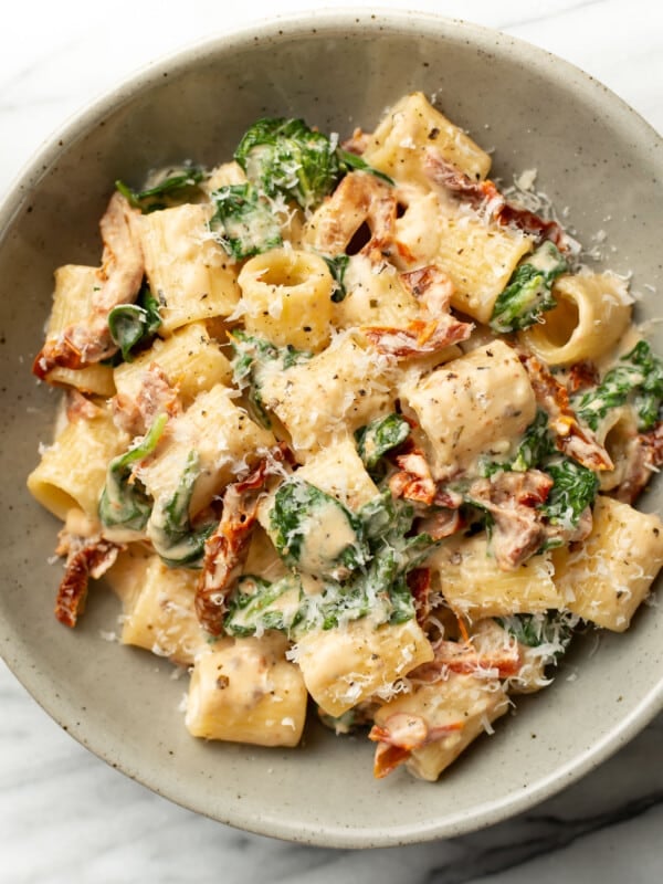 a bowl of sun-dried tomato pasta