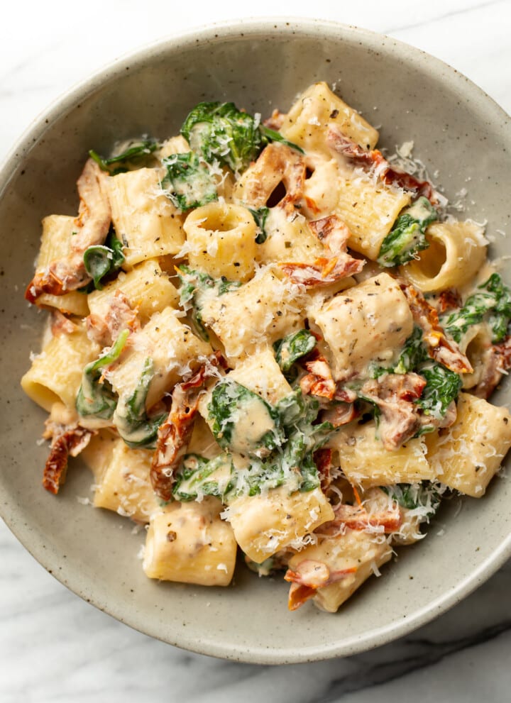 a bowl of sun-dried tomato pasta