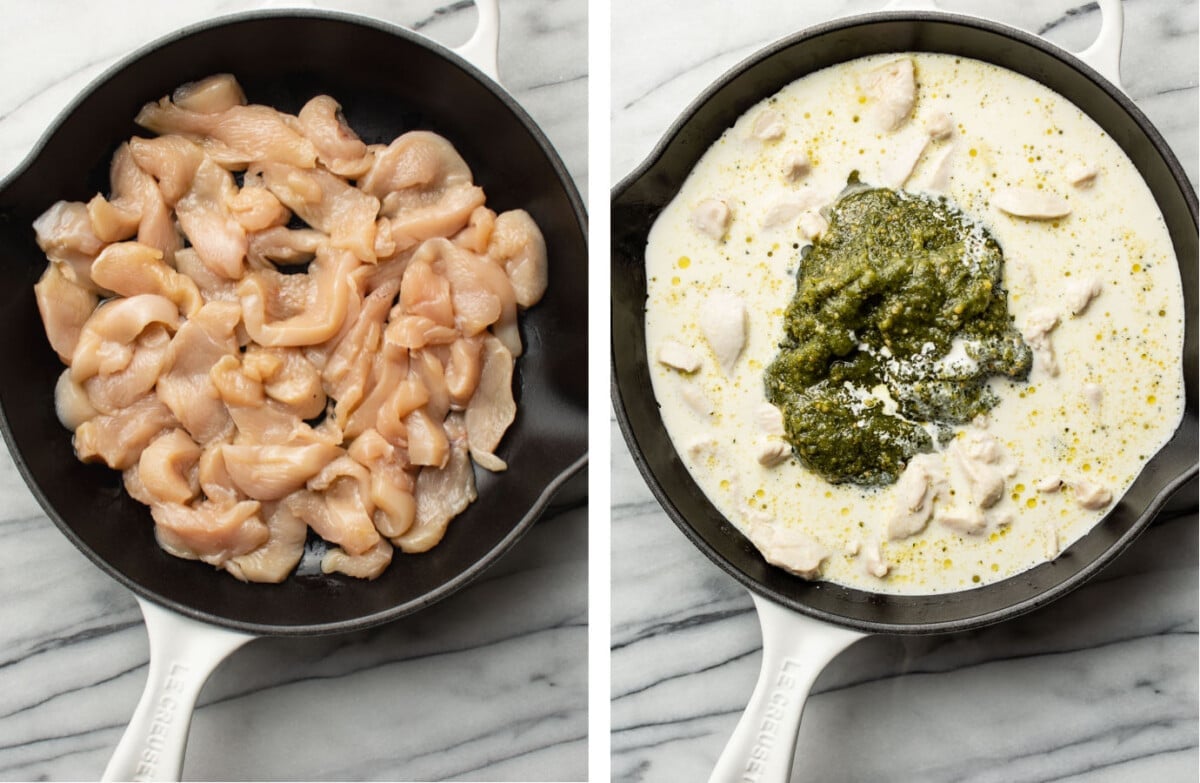 sauteing chicken in a skillet and making pesto cream sauce