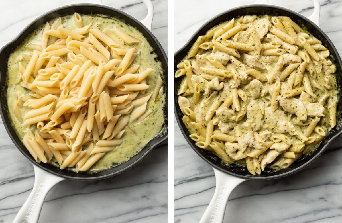 adding penne to a skillet and tossing with chicken and creamy pesto sauce