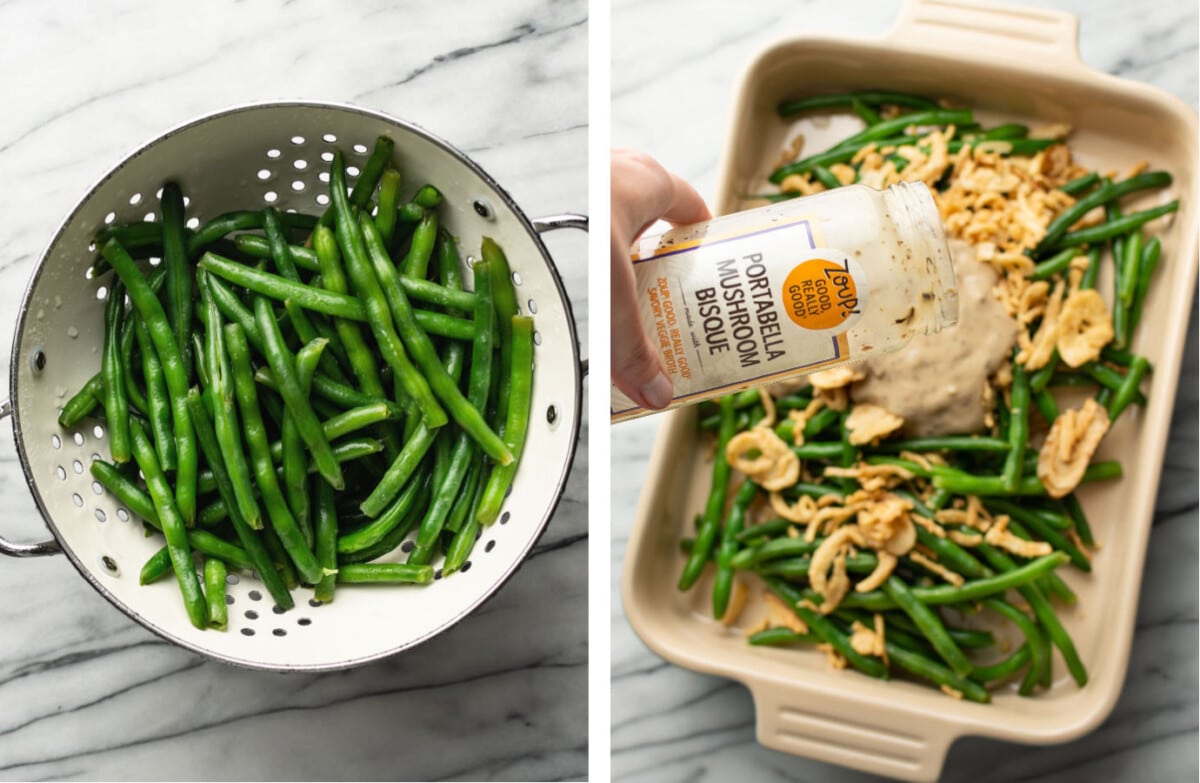 draining green beans in a colander and then adding to a baking dish with mushroom bisque