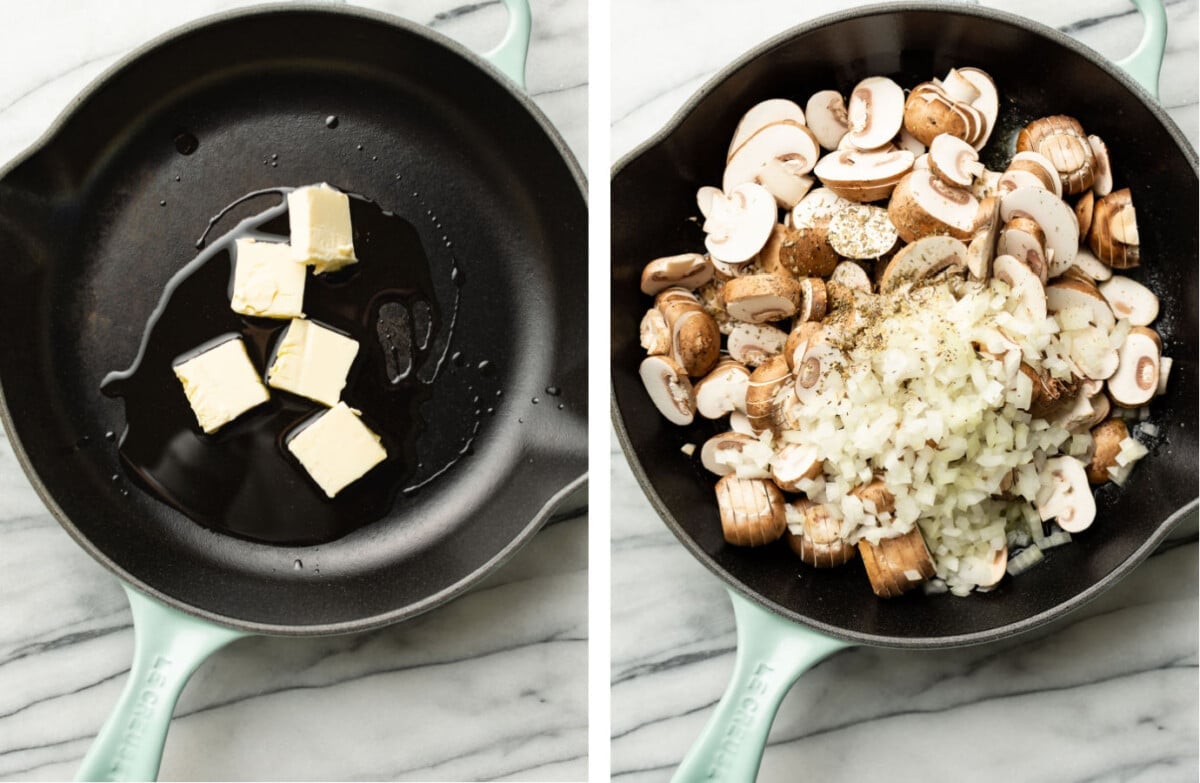 melting butter in a skillet and sauteing onions and mushrooms