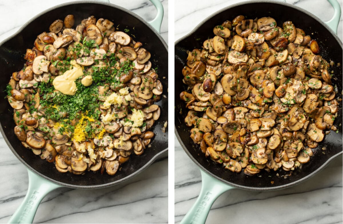 adding in mustard and seasonings to a skillet of sauteed mushrooms