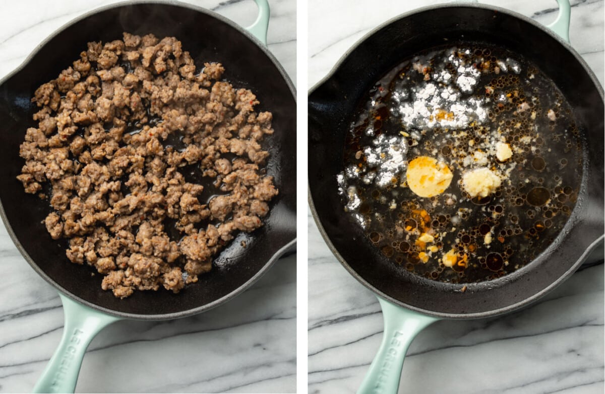 browning Italian sausage in a skillet and then making a sauce with broth and garlic and dijon