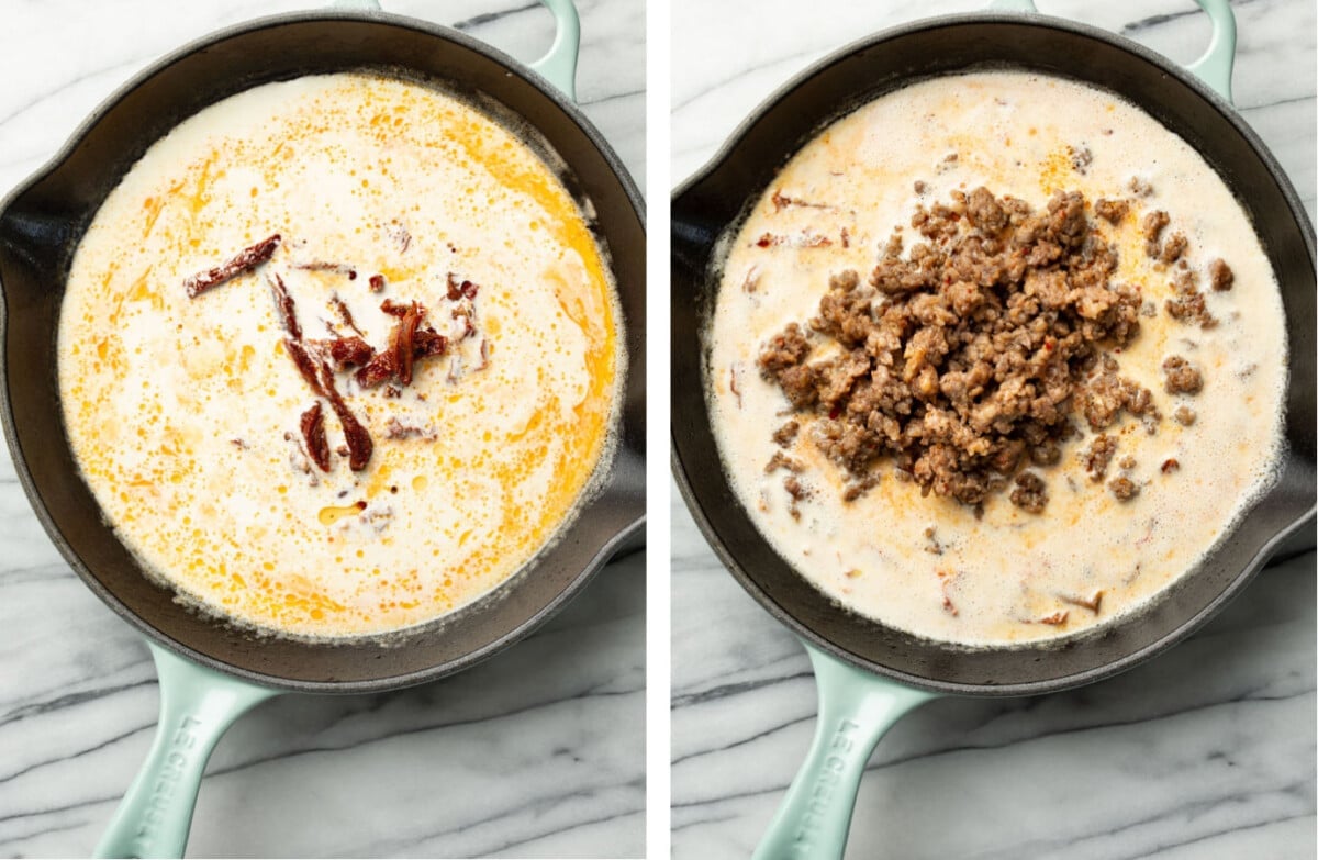 adding sun-dried tomatoes and cream to a skillet, then returning italian sausage