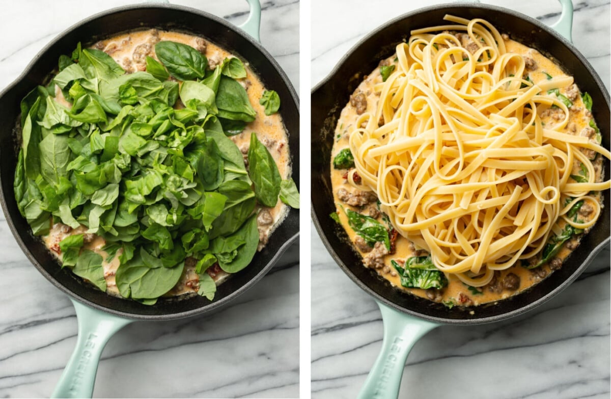 adding spinach and basil to a skillet and tossing with pasta for tuscan sausage pasta