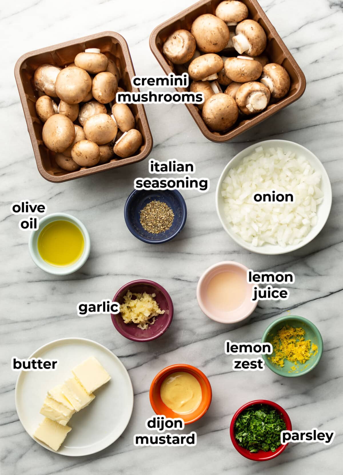 ingredients for sauteed mushrooms in prep bowls