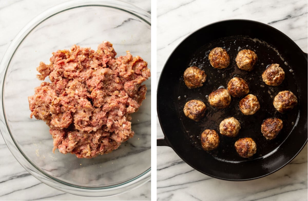 mixing meatballs in a prep bowl and pan frying in a dutch oven