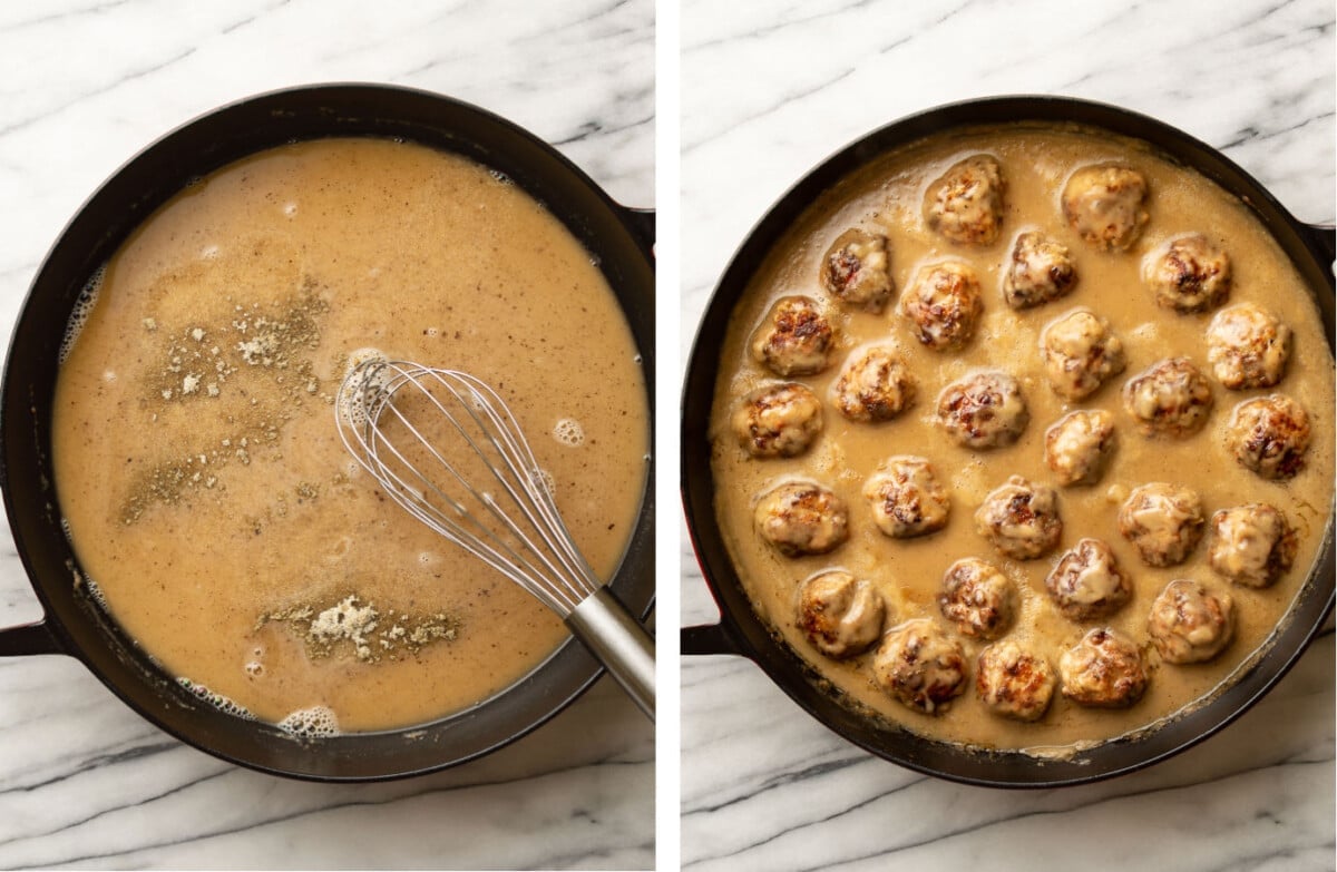 whisking in seasonings to make a gravy and adding meatballs to the dutch oven