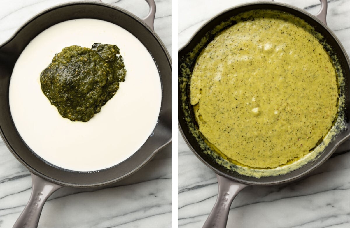 making creamy pesto sauce in a cast iron skillet