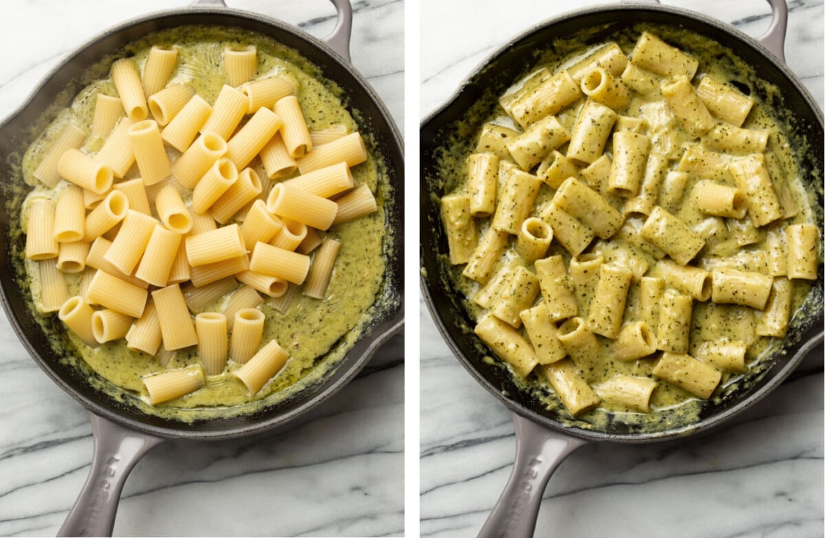 adding rigatoni to a skillet and stirring it into creamy pesto sauce