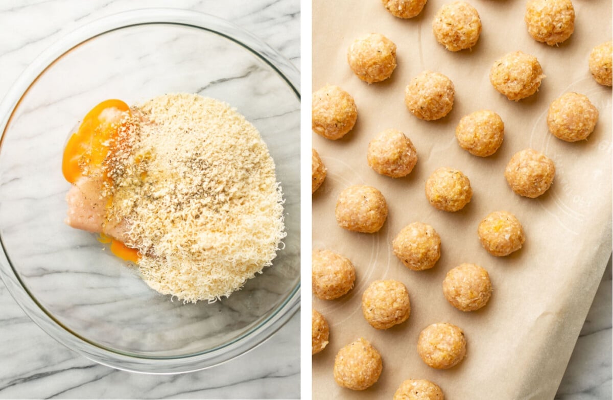 adding chicken meatball ingredients to a prep bowl and then placing meatballs on parchment paper