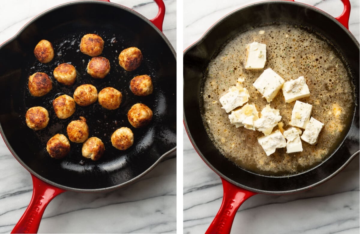 frying chicken meatballs in a skillet and then making creamy ranch sauce