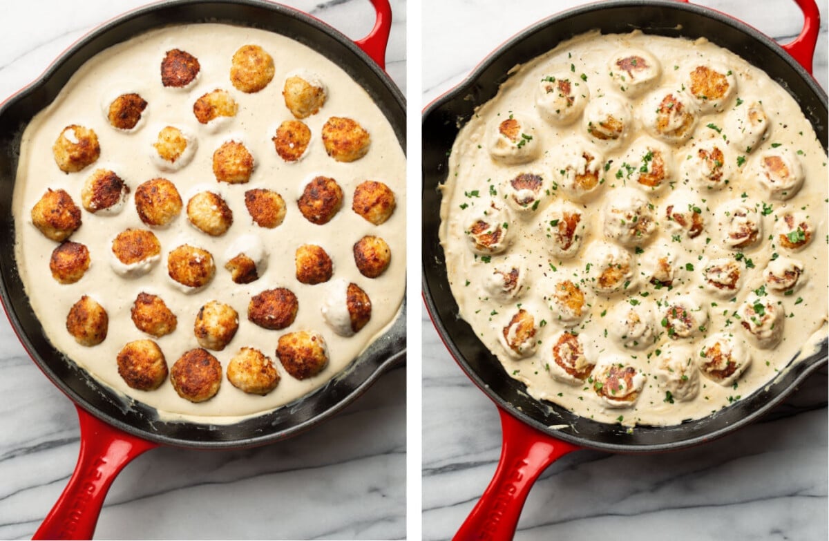 adding chicken meatballs to a skillet with ranch sauce and cooking through