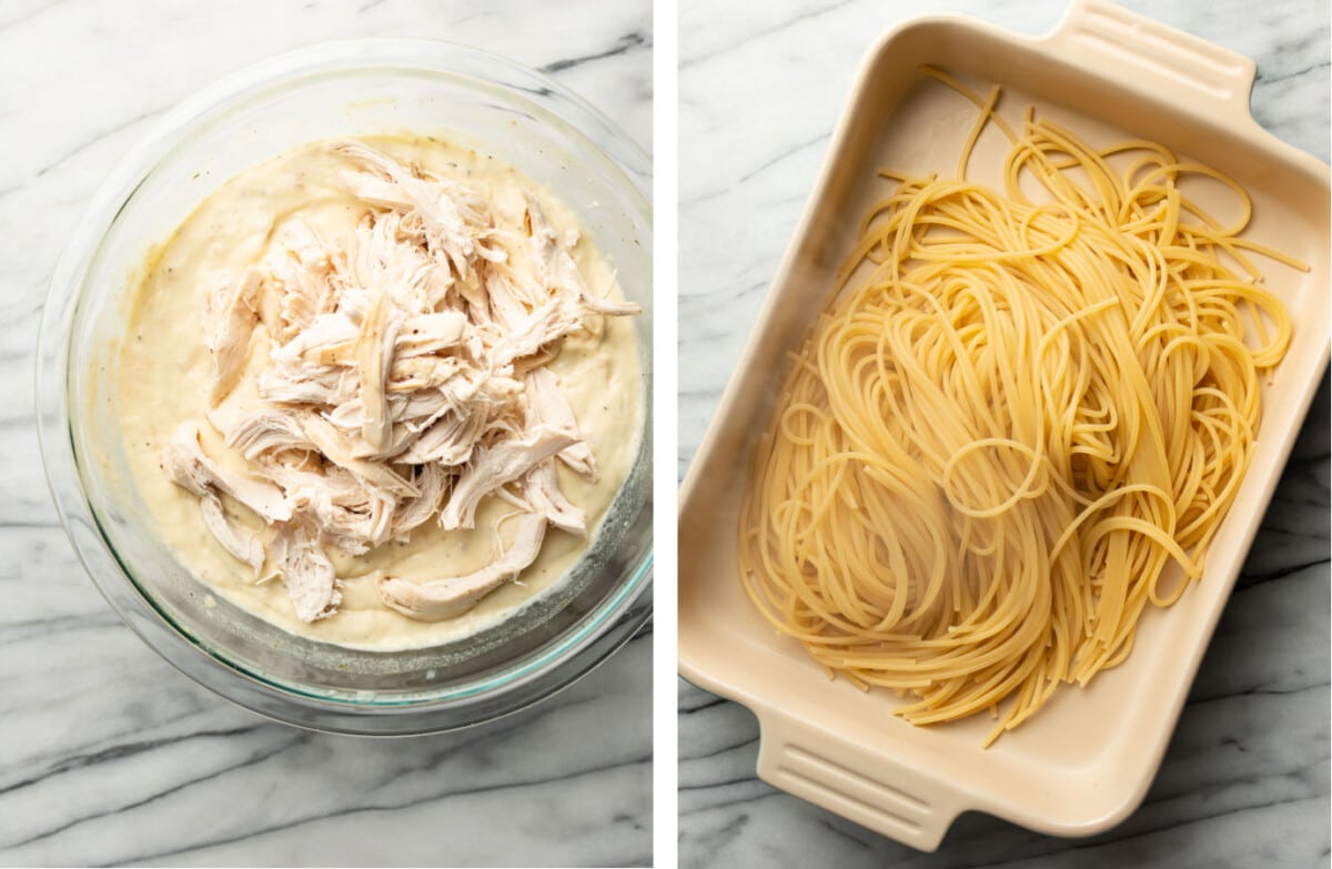 mixing chicken and sauce in a bowl and adding spaghetti to a casserole dish