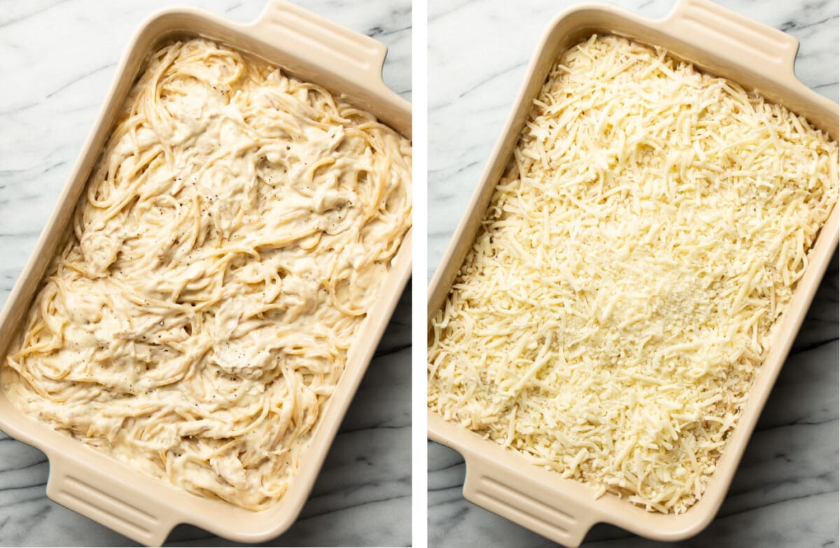 adding parmesan and mozzarella to a casserole dish with ranch chicken pasta