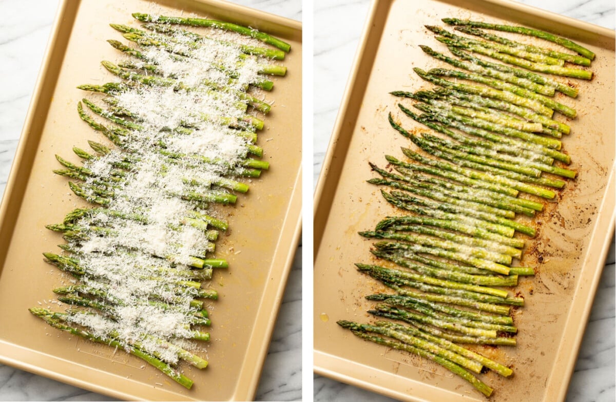 asparagus on a baking sheet before and after roasting