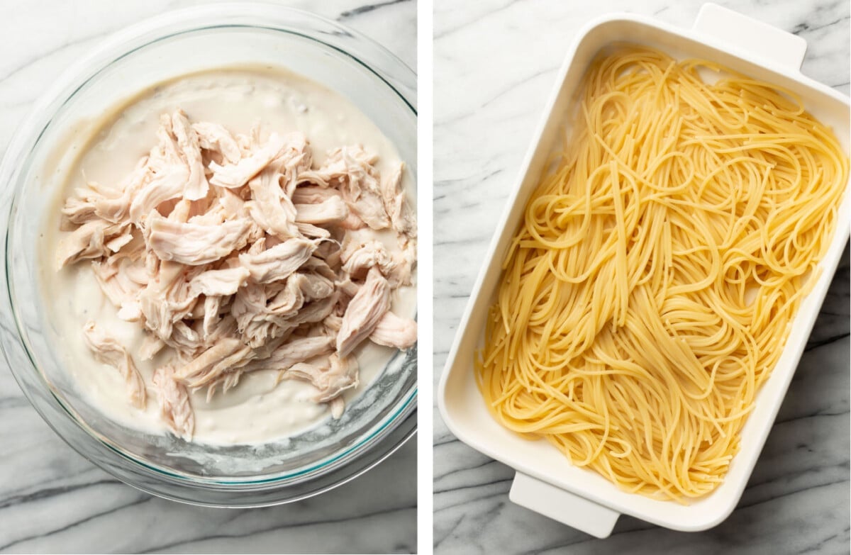 making sauce in a prep bowl for turkey tetrazzini and adding spaghetti to a casserole dish