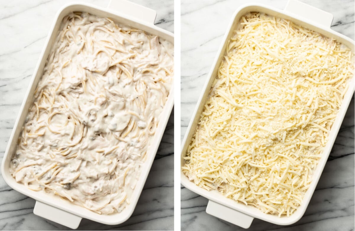 adding turkey and sauce to a casserole dish and topping with cheese for turkey tetrazzini