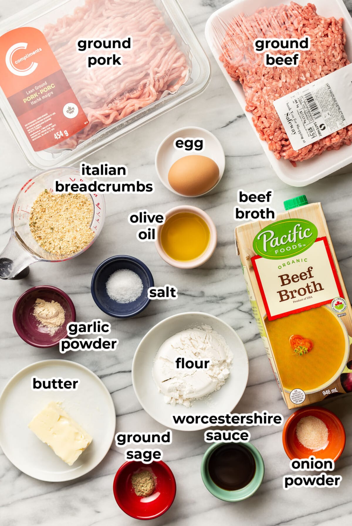 ingredients for meatballs and gravy in prep bowls