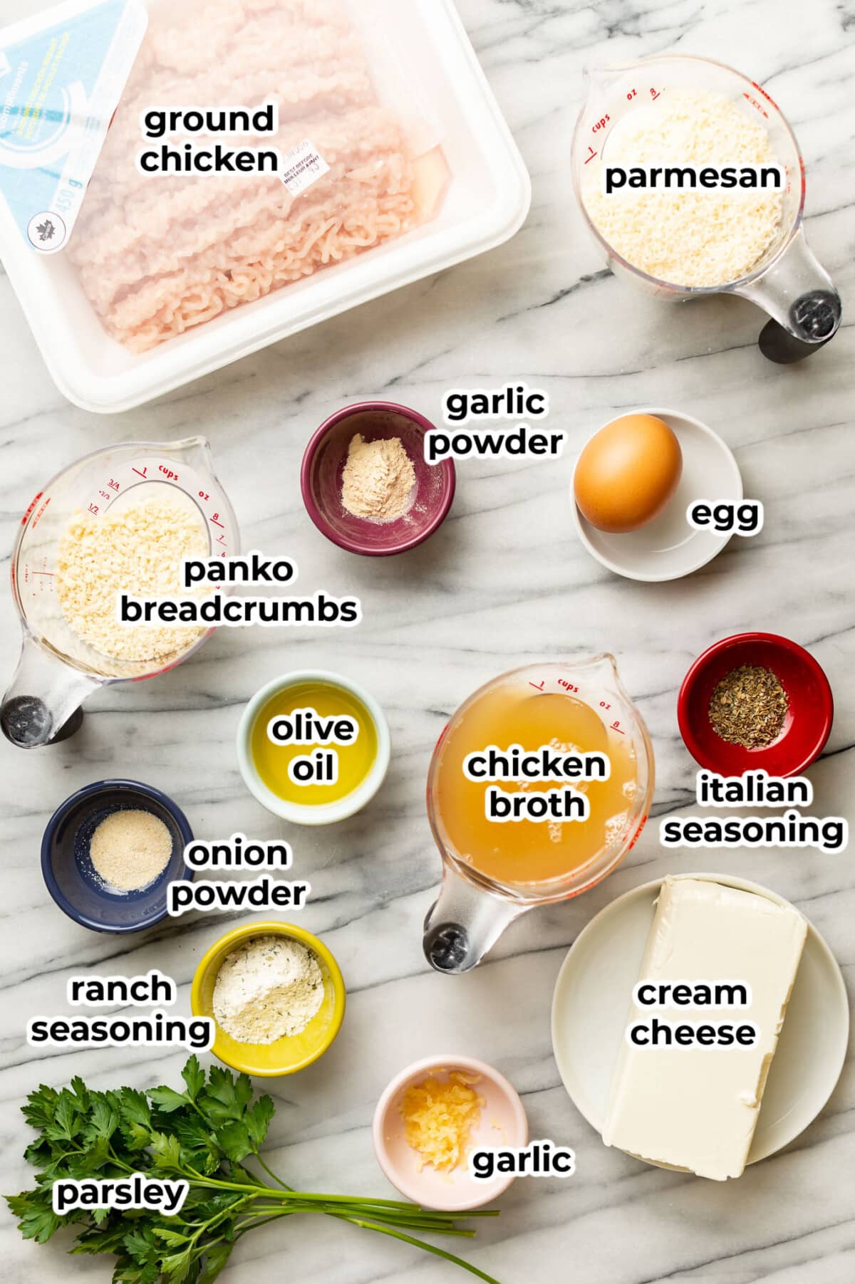 ingredients for ranch chicken meatballs in prep bowls