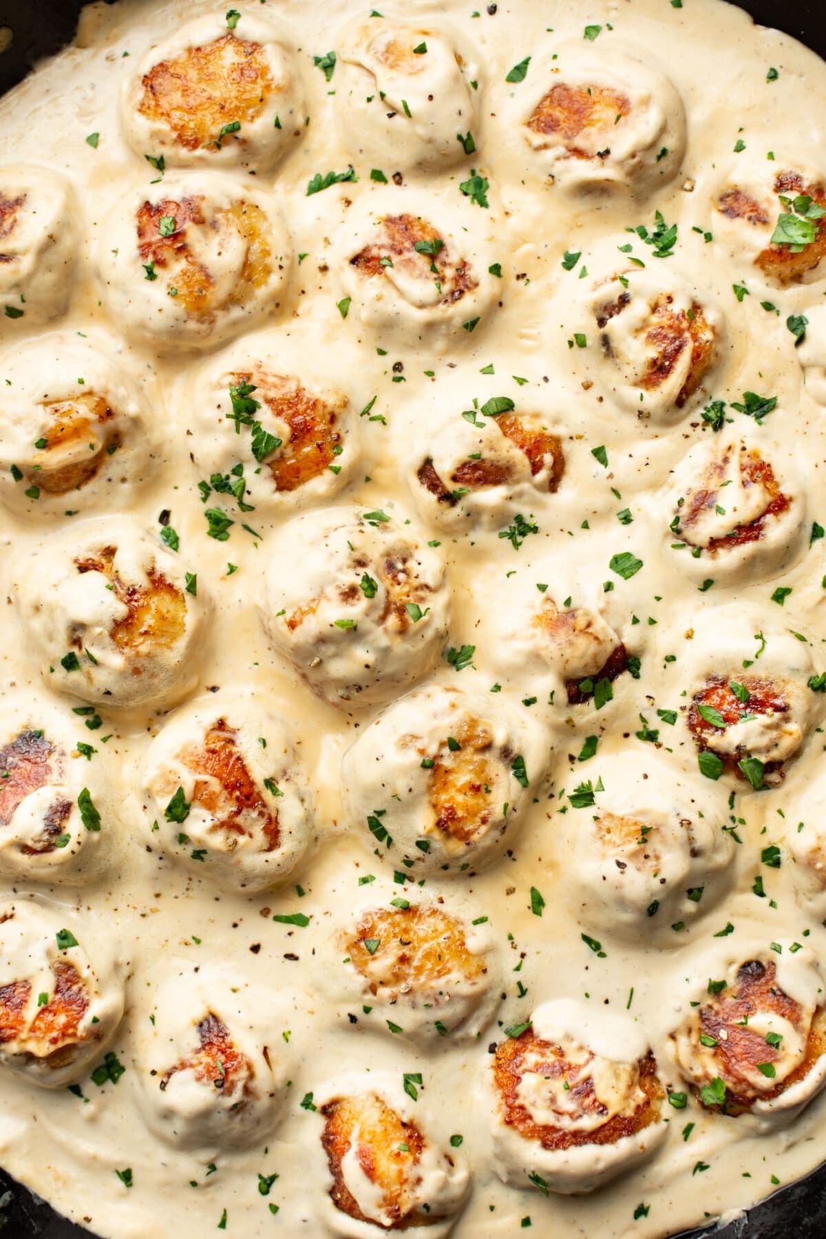 closeup of a skillet with ranch chicken meatballs