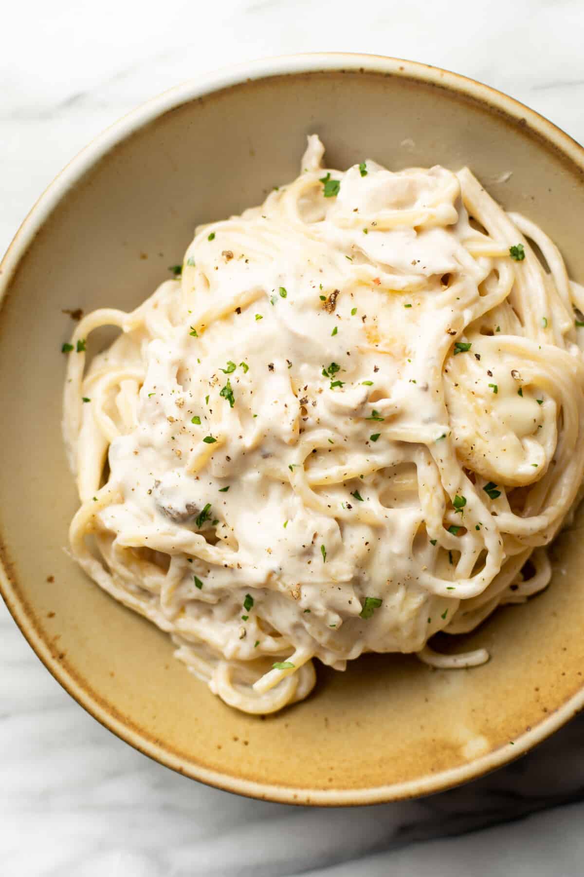 a bowl of cheesy turkey tetrazzini