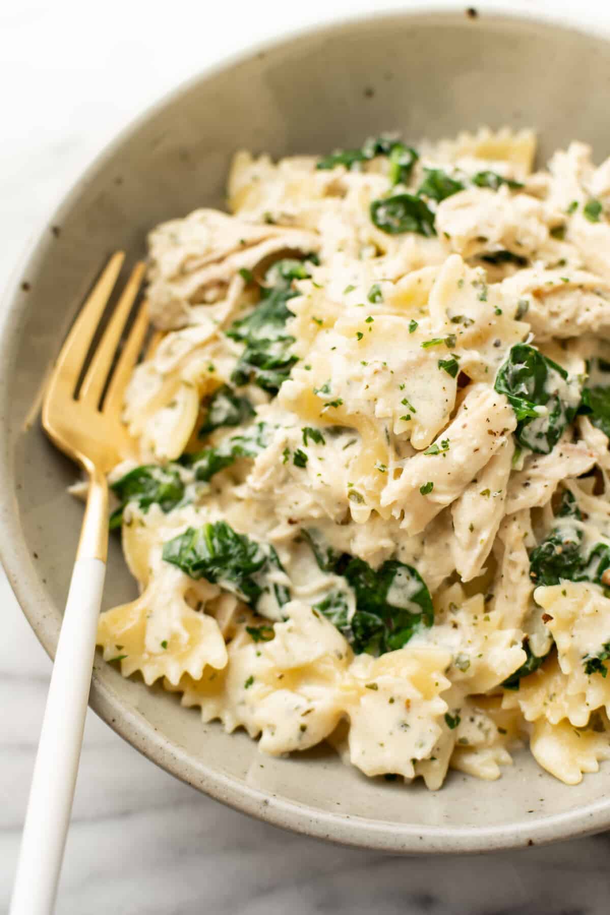 a bowl of boursin chicken pasta with a fork